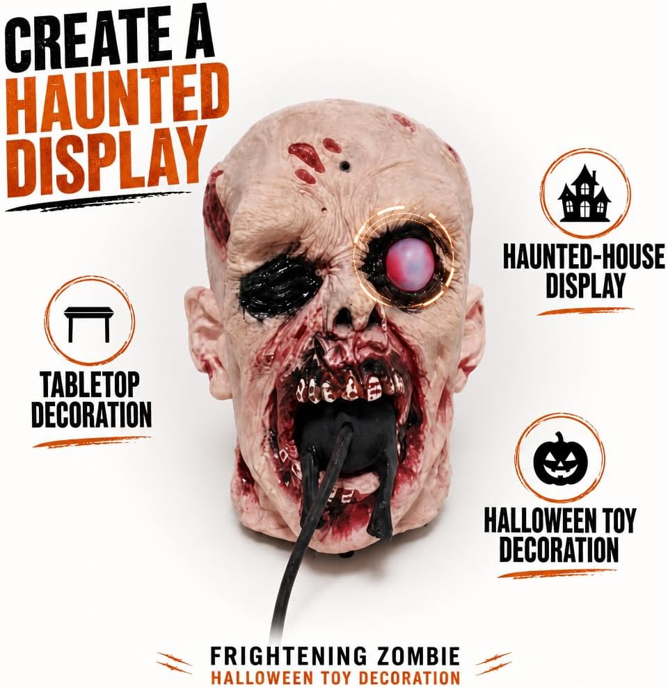 Realistic Zombie Head Sculpture - Halloween Horror Decor with Glowing LED Eye