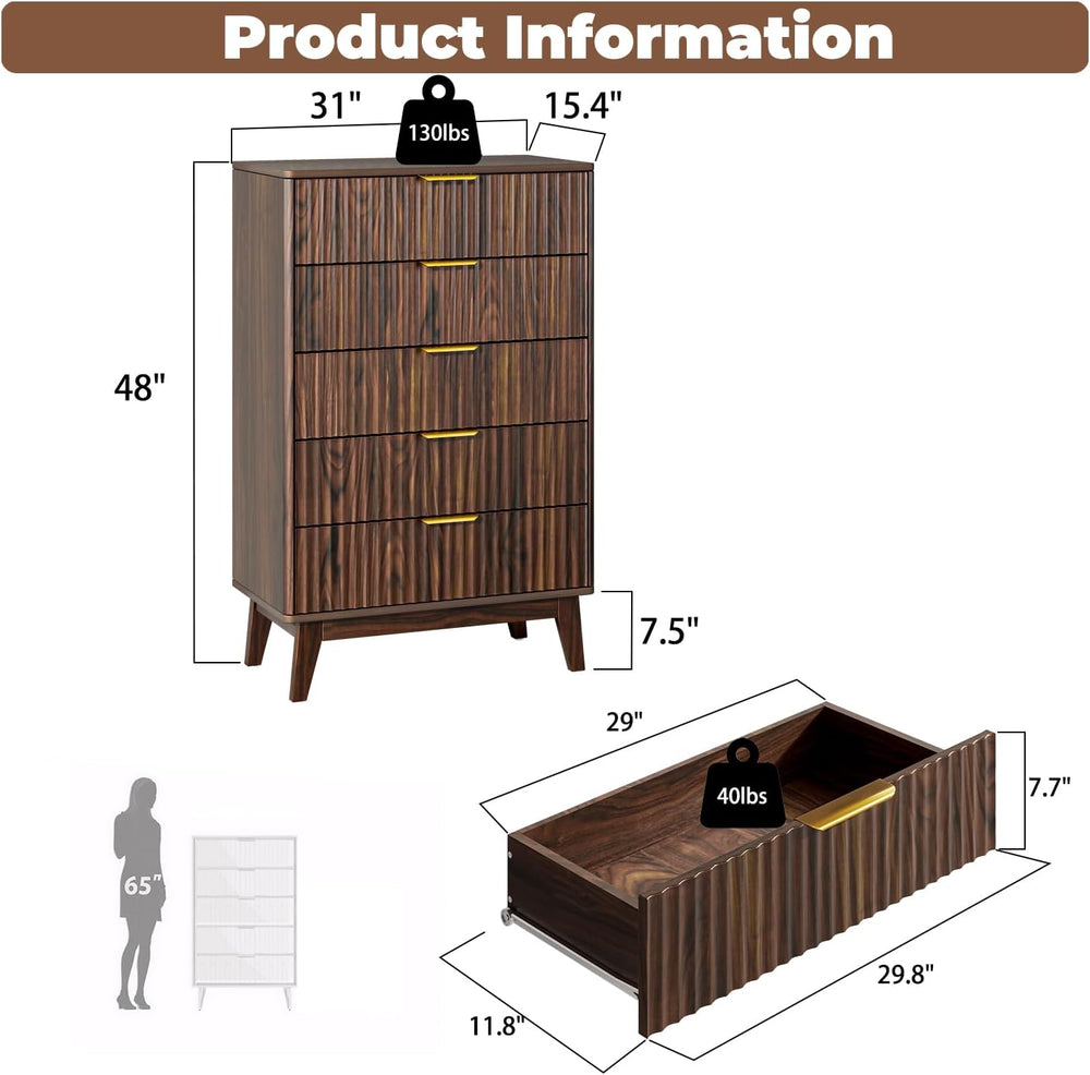 5-Drawer Dresser Fluted Drawers, Mid-Century, Walnut