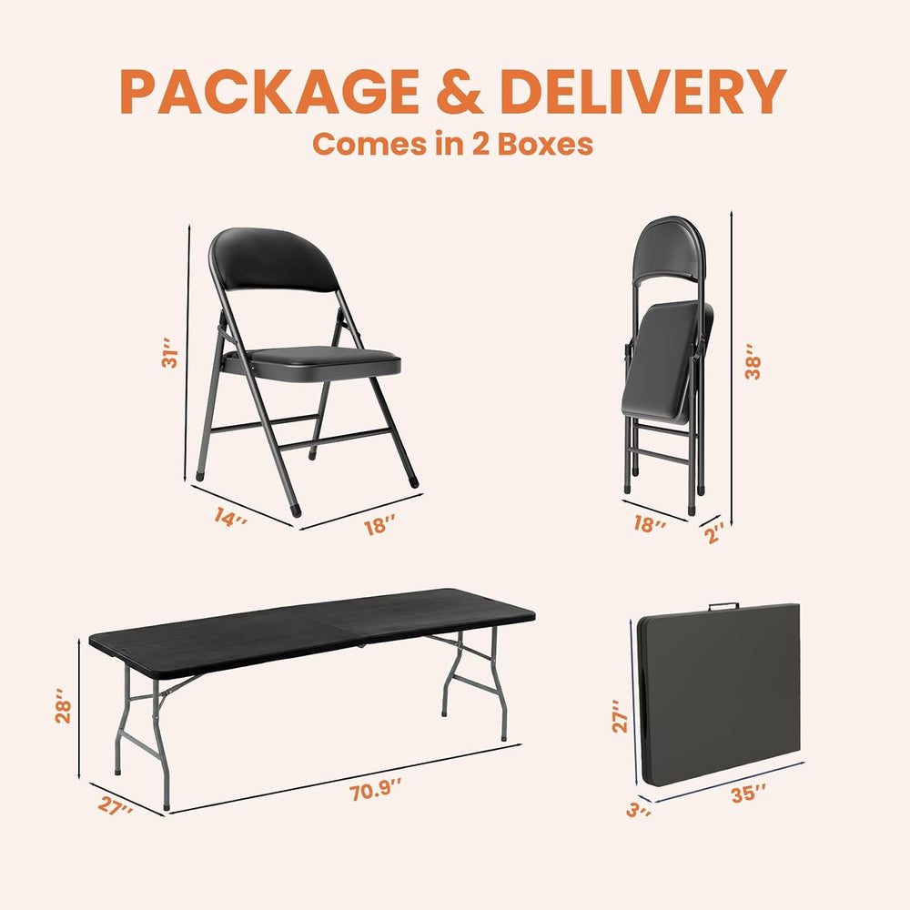 6FT Black Plastic Folding Table Set with 6 Black PU Padded Chairs | Portable ...