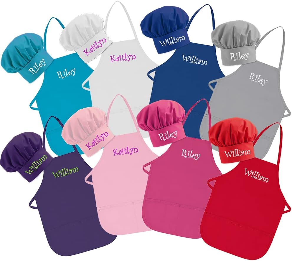 Personalized Embroidered Made In The USA - Add A Name Child Apron and Hat Set - Toddlers & Kids Sizes…