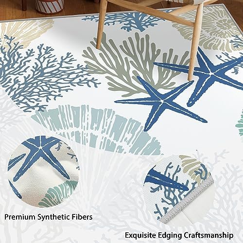 Tritard 6x9 Coastal Rug for Living Room, Machine Washable Bedroom Rug, Blue