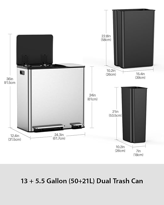Lovewind Double Trash Can Kitchen, 13+5.5 Gallon Stainless Steel Dual Trash and - Image 7