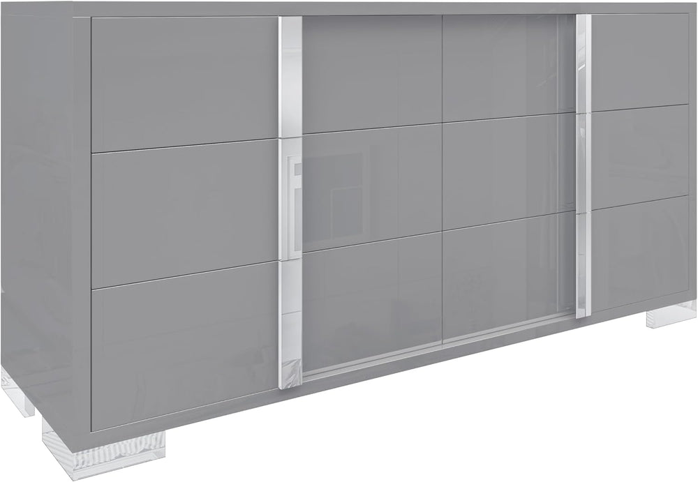 AMERLIFE 6 Drawer Dresser, Modern Storage Chest, High Gloss Finish, Grey