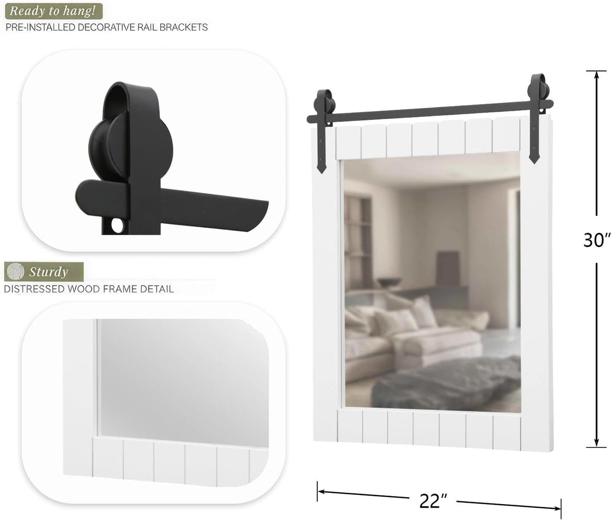 rustic bathroom vanity mirror: 22"x30" white farmhouse barn shown in use