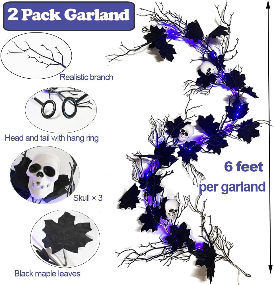 Halloween Black Garland with Timer 2 Pack 6 Feet Dead Branch Garland Lights w...