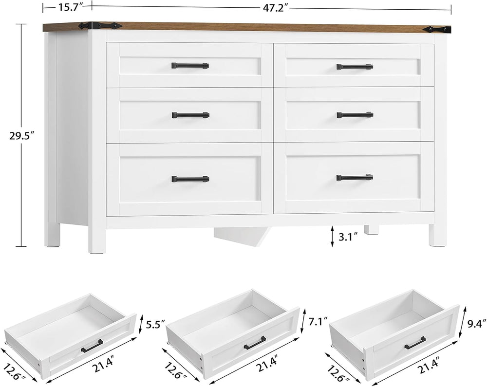 TEENFON 47.2" Dresser for Bedroom, White 6 Drawer Dresser with Metal Han...