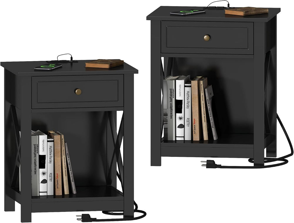 Treocho Black End Table Set of 2,Nightstand with Charging Station, X-Design S...