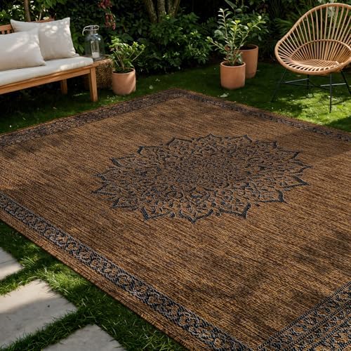 CAMILSON Outdoor Rug 5x7 Medallion Gold Modern Area Rugs for Indoor and Outdoor Patios Kitchen and Hallway Mats Washable Porch Deck Outside Carpet (Medallion Gold 5 x 7)