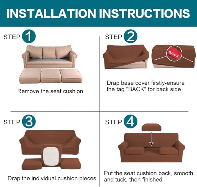 Turquoize 4 Piece Sofa Covers for 3 Cushion Couch Slipcover Soft Cover - Image 6
