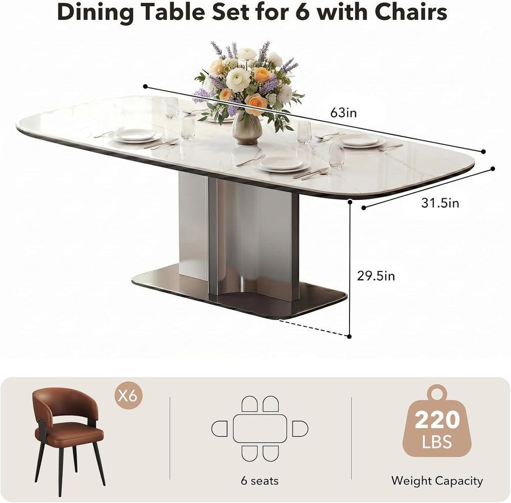 7 Piece Modern Dining Table Set, 71" Sintered Stone Kitchen Table