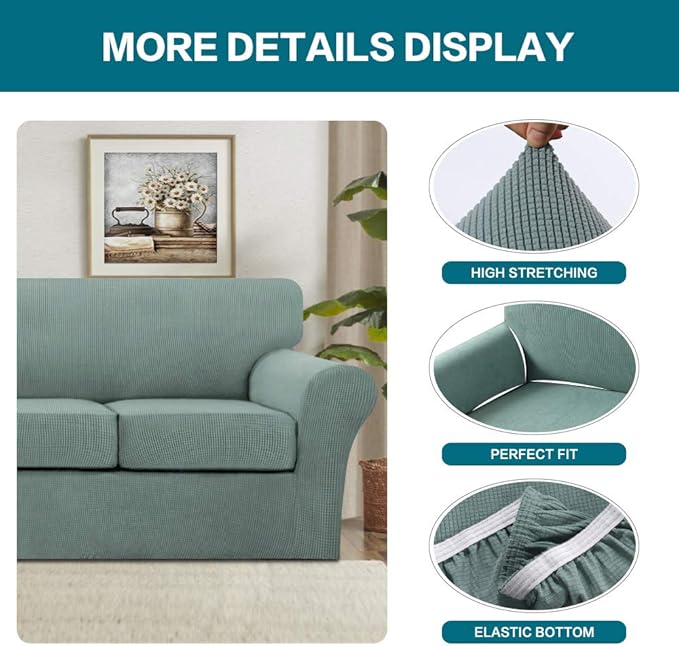 Turquoize 3 Piece Sofa Covers for 2 Cushion Couch Sofa Slipcover Soft Couch - Image 4