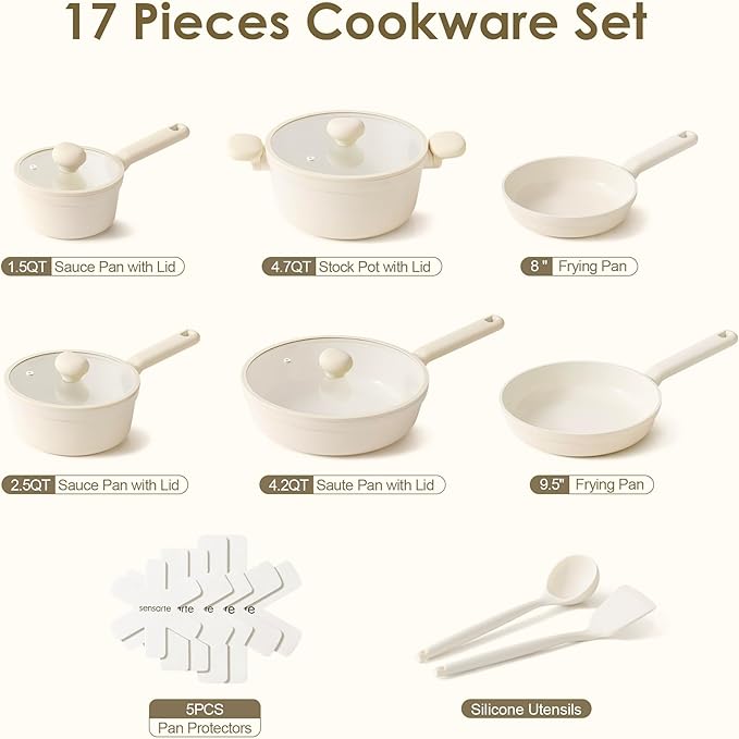 SENSARTE Ceramic Nonstick Pots and Pans Set 17pcs, Healthy Induction Cookware