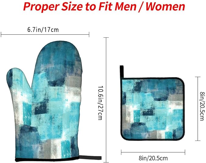 LOKMU Oven Mitts and Pot Holders Set of 3, Teal and Grey White Abstract Art - Image 3