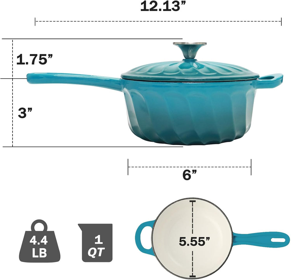 Enameled Cast Iron Sauce Pan with Lid, 1 Quart Saucepan with Lid