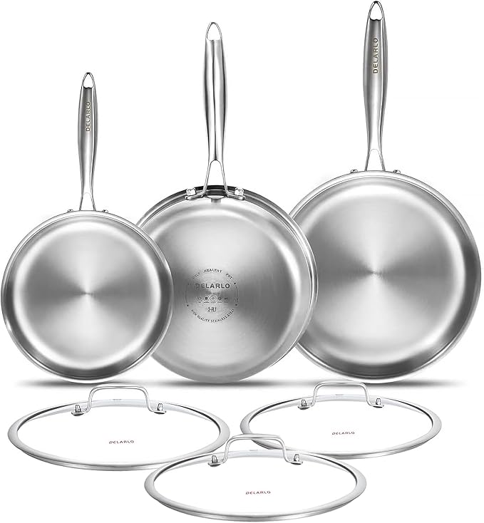 DELARLO Tri-ply Stainless Steel Frying Pan Set 8" 10" 12" by DELARLOCOOKWARE