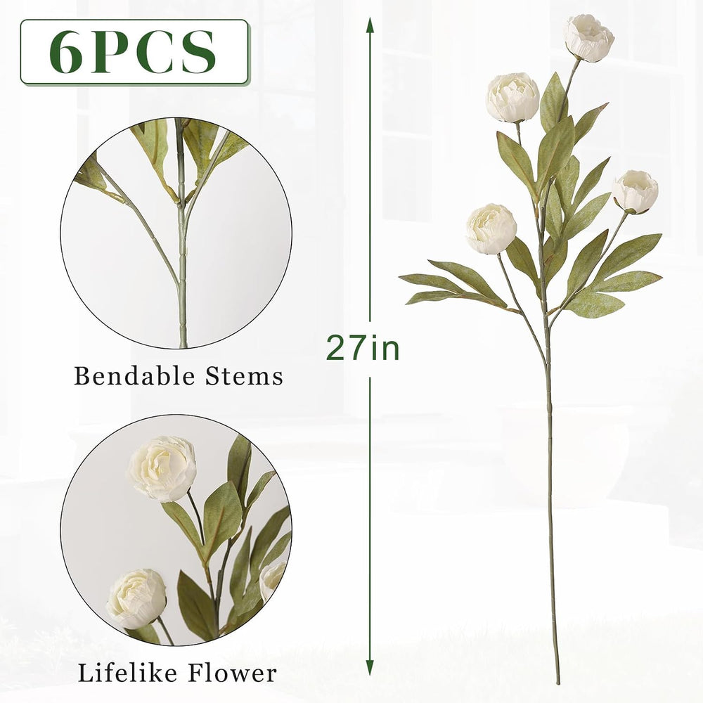 Juxdp 6 Pcs 27" Artificial Peony Silk Flower Stems for Vase Decor(Cream)