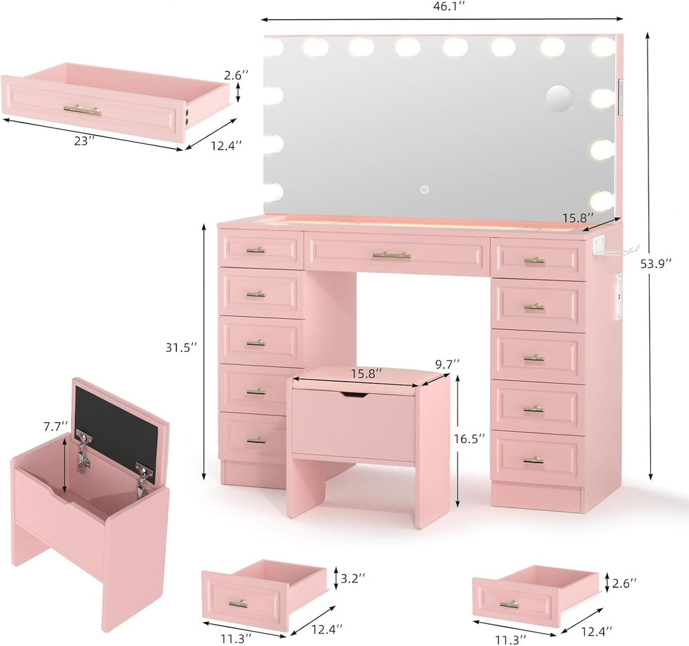 VOWNER Vanity with Lighted Mirror, Makeup Vanity Desk w/Bluetooth Speaker