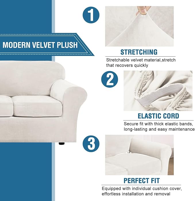 H.VERSAILTEX Real Velvet Plush 3 Piece Stretch Sofa Covers Couch Covers - Image 3