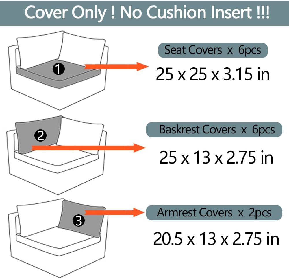 14Pcs Outdoor Cushion Covers Replacement Washable w/Zipper for 6-Seaters Sofa...