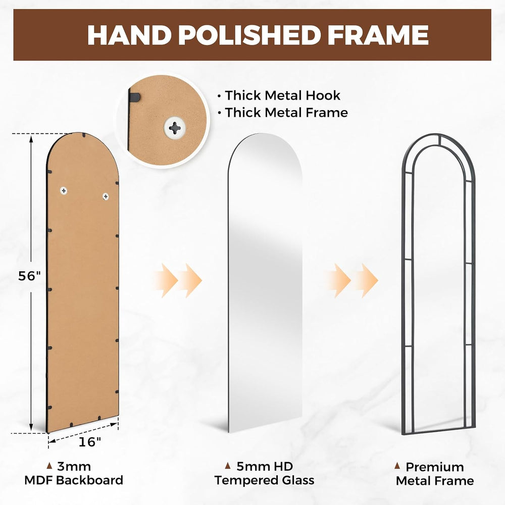 Arched Full Length Window Mirror, 16x56 Windowpane Body Mirror with Metal Fra...