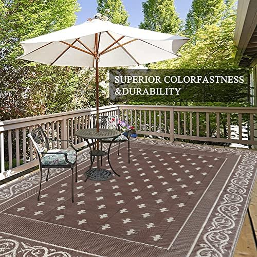 Pauwer Waterproof Outdoor Rug 9x12, Plastic Patio Rug, Bordered Brown