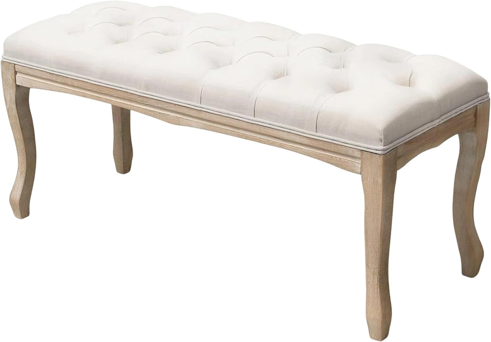 French Country Linen Bedroom Bench with Solid Wood Legs, 43.3" Button-Tu...