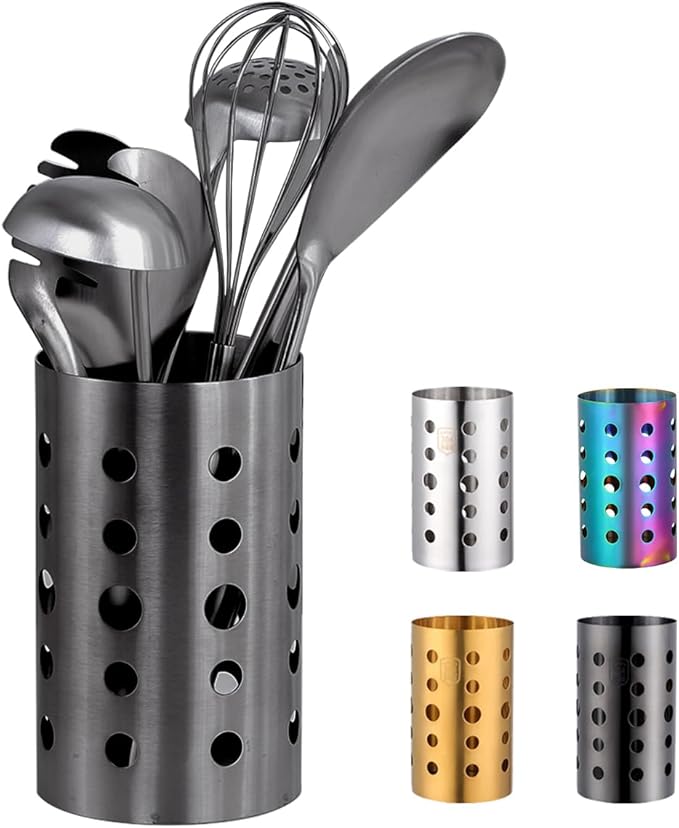 QRU Kitchen Utensil Holder for Countertop, Stainless Steel Cooking Utensil by QRU