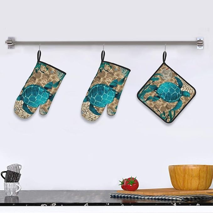 Retro Teal Nautical Oven Mitts and Pot Holders Sets, Sea Turtles Oven Gloves - Image 6