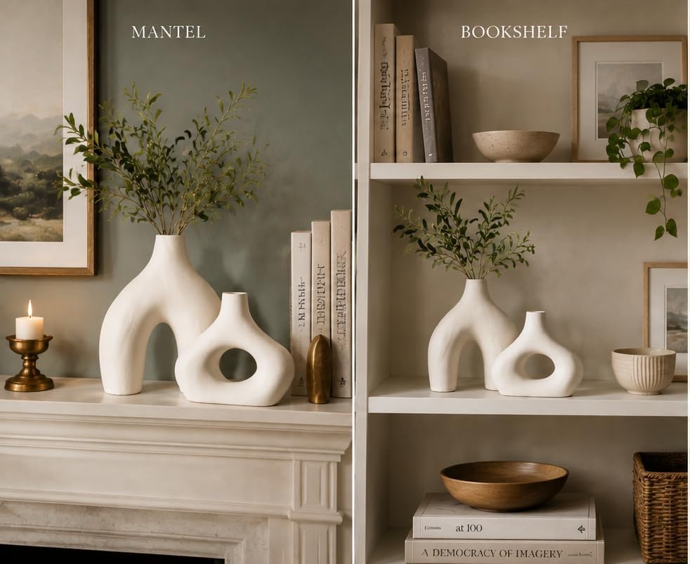 Carrot's Den Ceramic Modern Vase Set of 2, Donut Shelf Decor, Warm White