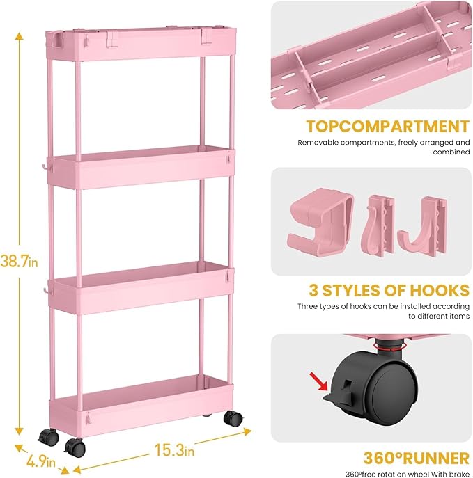 SPACELEAD 2-piece Set Slim Storage Cart 3 Tier, Bathroom Organizer Rolling - Image 2