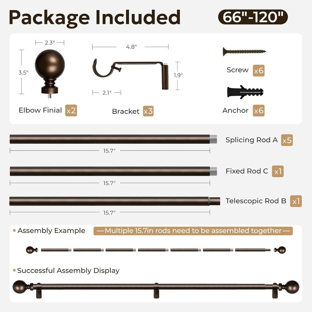 1 Inch Adjustable Curtain Rods, 32"-120", Antique Bronze