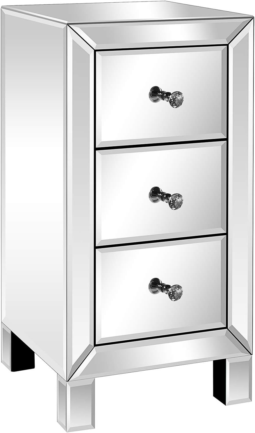 VINGLI Mirrored Nightstand with 3-Drawers Silver Side End Table Mirrored Furn...