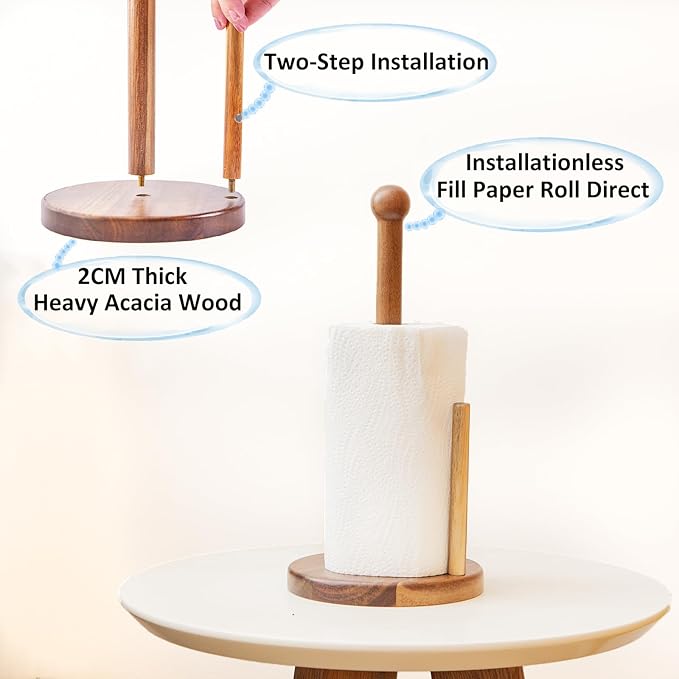 14" Acacia Wooden Paper Towel Holder, 6.7" Large Heavy Base Wooden Kitchen - Image 3
