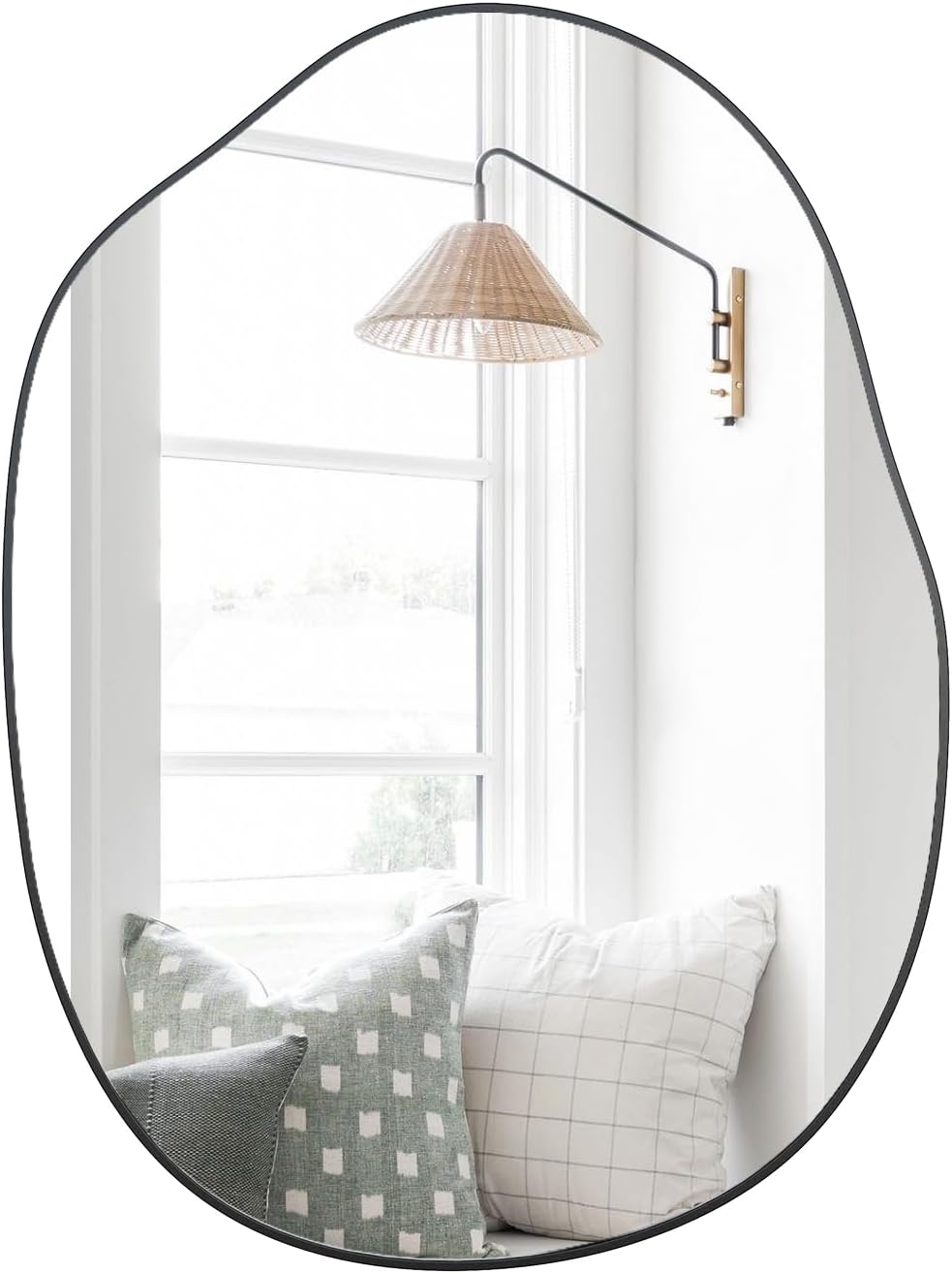 black irregular mirror for bathroom asymmetrical wood vanity, main product view