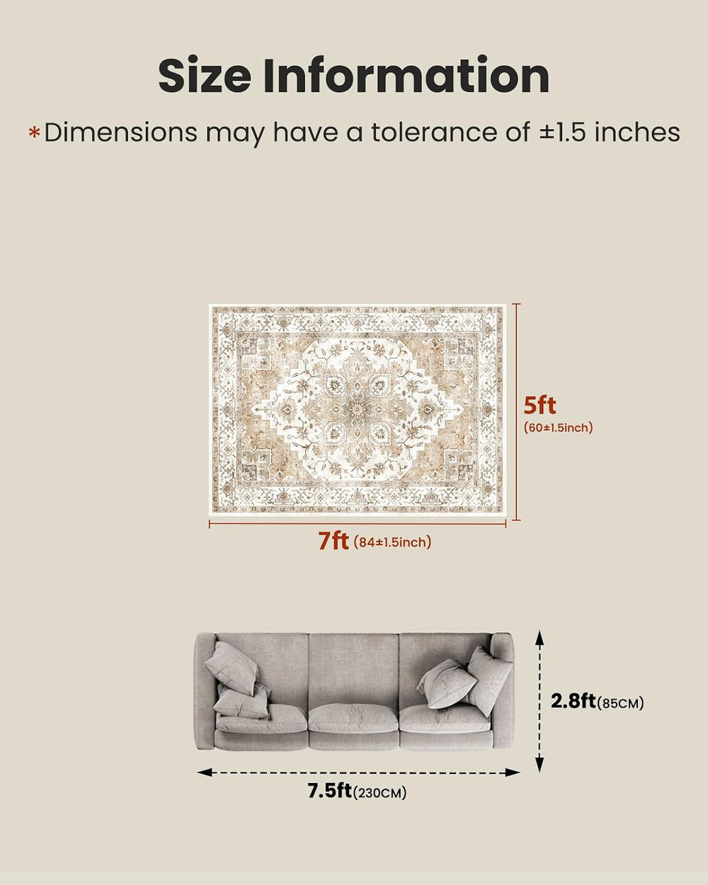 Amada 5x7 Washable Area Rug for Living Room, Beige, Vintage Pattern