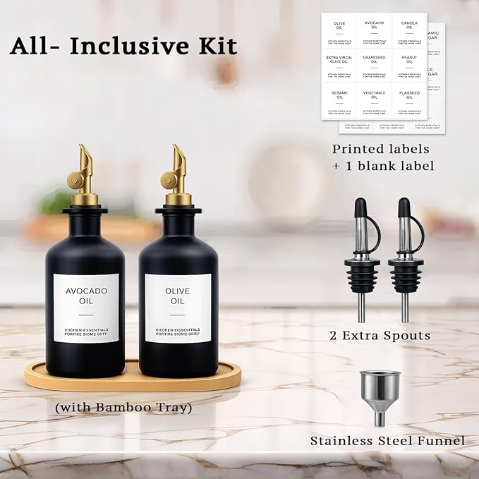 Olive Oil Dispenser Set, 2 x 11.8oz Black Glass Bottles - Image 2