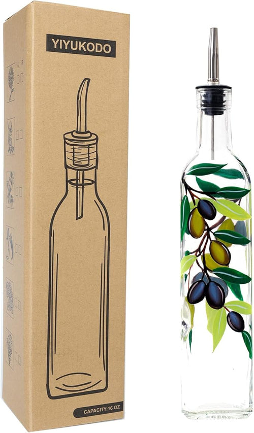 17oz Hand Painted Glass Olive Oil Bottle Dispenser - 500ml Green Oil & Vinegar by YIYUKODO