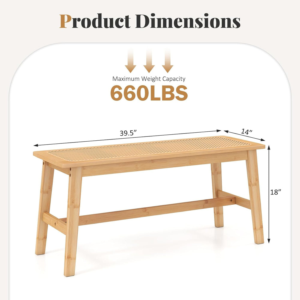 Giantex 39.5" Bamboo Dining Bench with Handwoven Rattan Seat, 600lbs Cap...