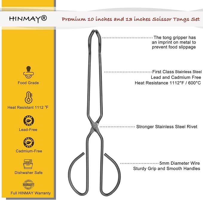 HINMAY 10" 13" Stainless Steel Kitchen Tongs, Heavy Duty Non-Slip Comfortable - Image 2