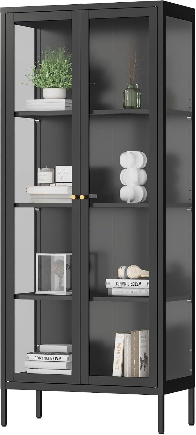 Polup 66" Black Glass Display Cabinet, 3-Side Clear View for Collectibles