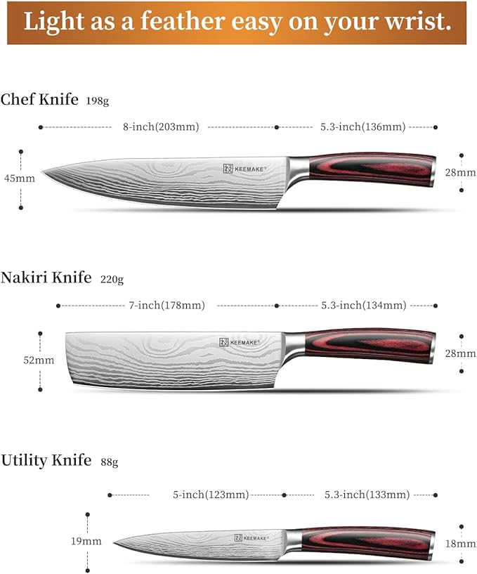 KEEMAKE 3 Pieces Knife Set, High Carbon Stainless Steel Chef Knives Sets - Image 7