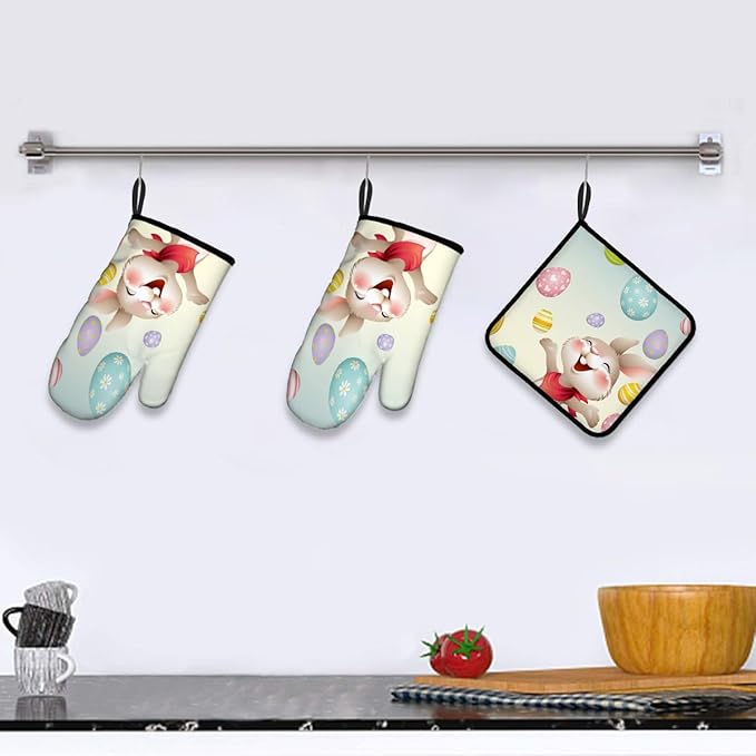 LOKMU Oven Mitts and Pot Holders Set of 3, Smiley Bunny - Image 5