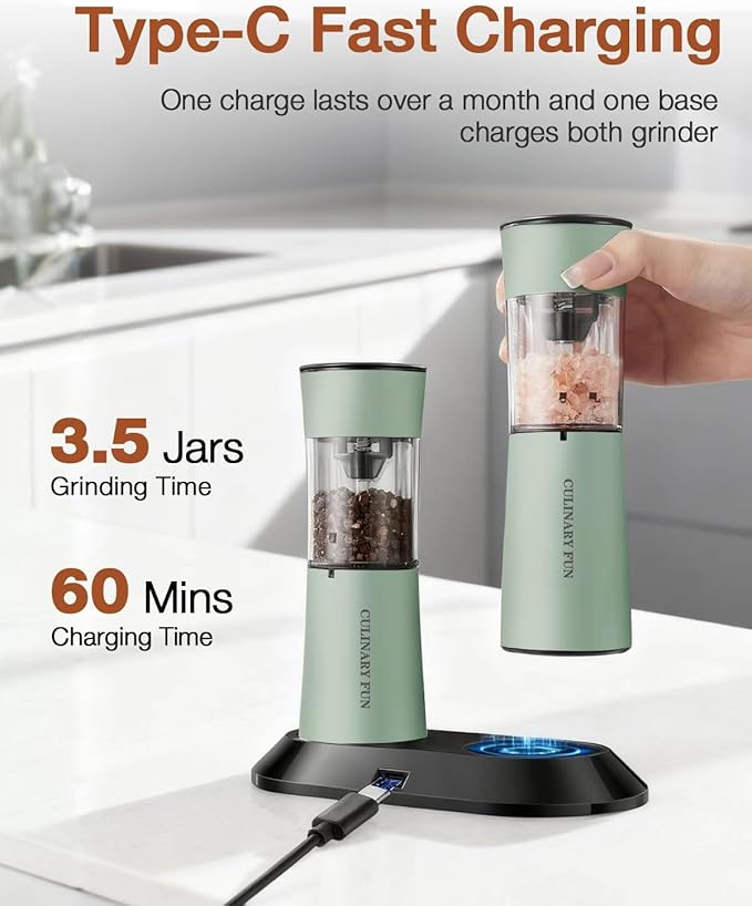 Electric Salt and Pepper Grinder Set–USB-C Rechargeable Charging Base Pepper - Image 3