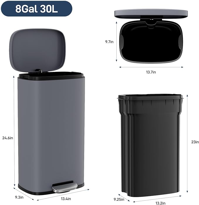 Arlopu 8 Gallon Step Trash Can, Stainless Steel Garbage Bin, Soft-Close Rubbish - Image 2