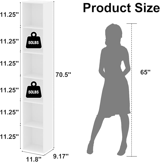 Tall Narrow Bookshelf 6-Tier Bookcase,70.5" Skinny Thin Corner Shelf Sli...