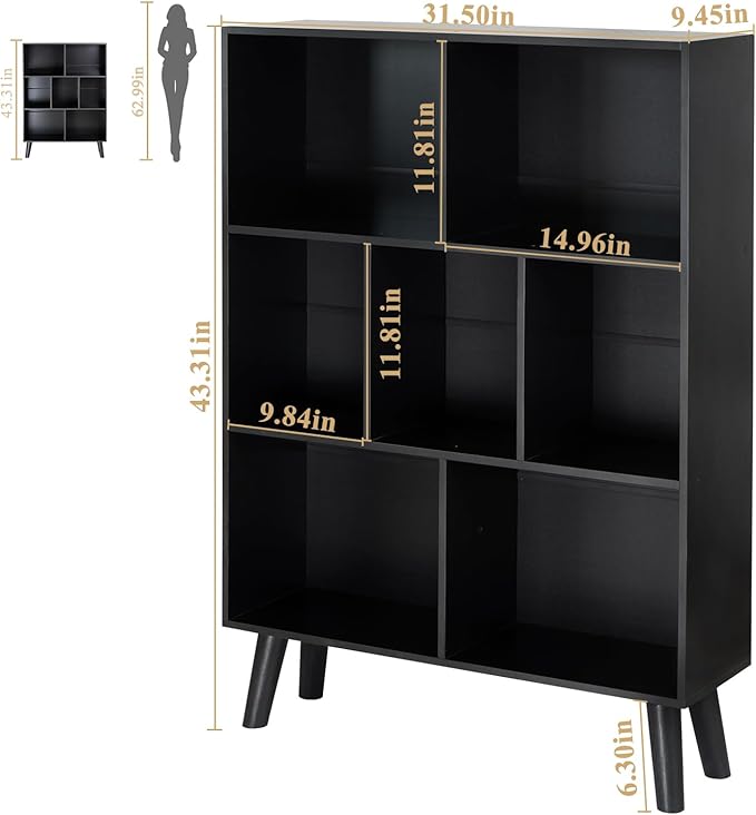 YAHARBO Black Bookshelf,3 Tier Modern Bookcase with Legs,Bookshelves Wood Sto...