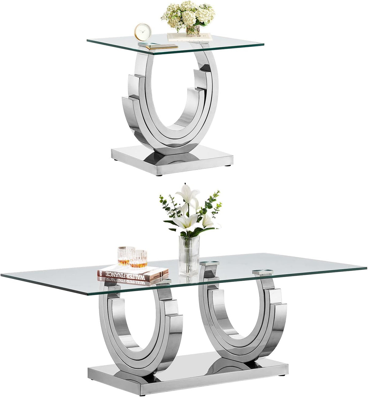 2 Piece Glass Coffee Table Set, Modern Living Room Table Set, Coffee Table with Side Table, Coffee and End Table Sets for Living Room, Tempered Glass Top & Geometric Shape Stainless Steel Leg, Silver