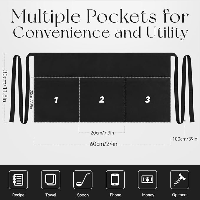 NLUS 3 Pack Server Aprons with 3 Pockets, Water Oil Stain Resistant Waitress - Image 4
