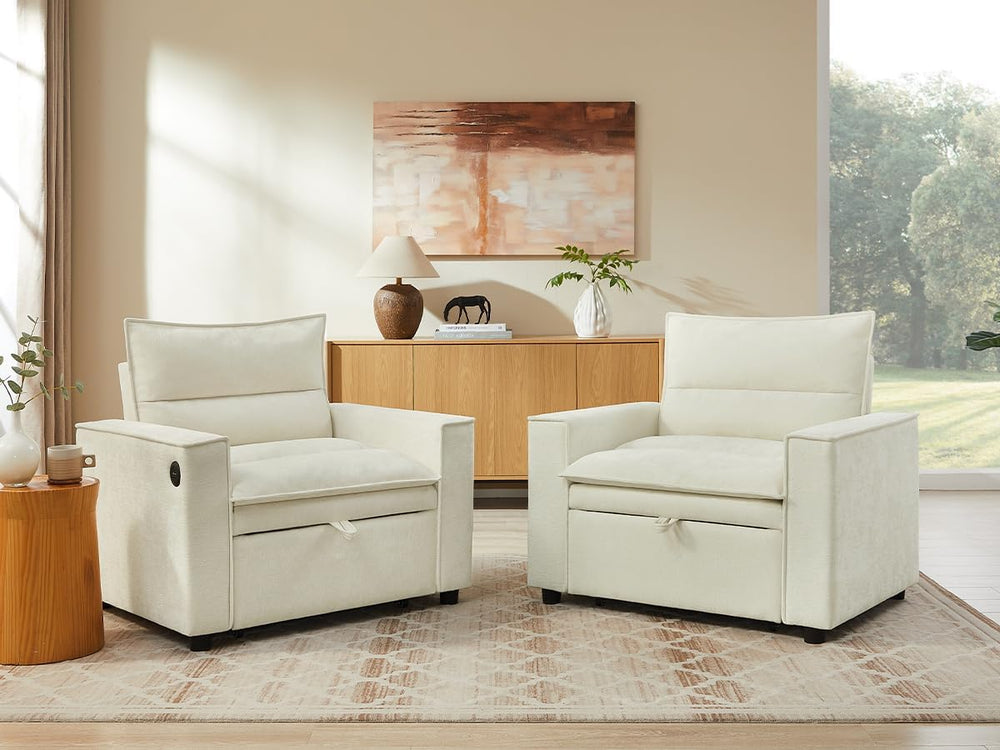 VANOMi Convertible 3-in-1 Sleeper Chair Sofa Bed, USB Ports, Chenille Beige