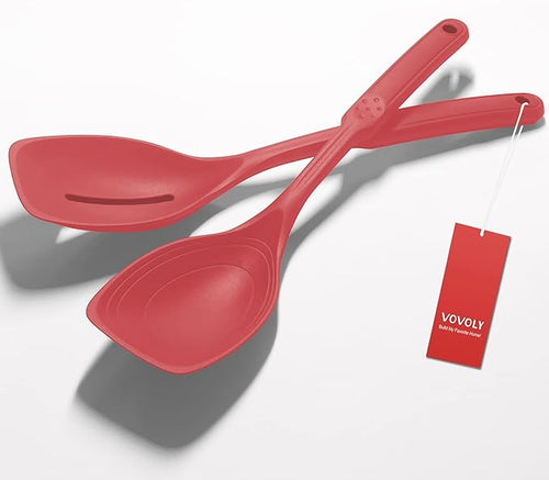 2 Pack Large Silicone Cooking Spoon, Non-Stick Slotted and Solid Spoon set by VOVOLY
